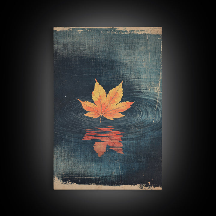 Floating Maple Leaf Wall Art, Dark Water Reflection Canvas Print, Japanese Autumn Decor, Minimalist Nature Art, Japandi Wall Decor