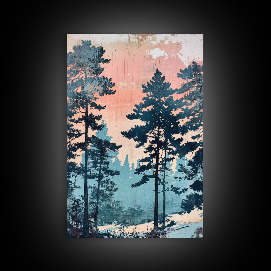 Misty Pine Forest Sunrise Wall Art, Pink Blue Nature Landscape Print, Scandinavian Decor, Calming Bedroom Or Office Decor