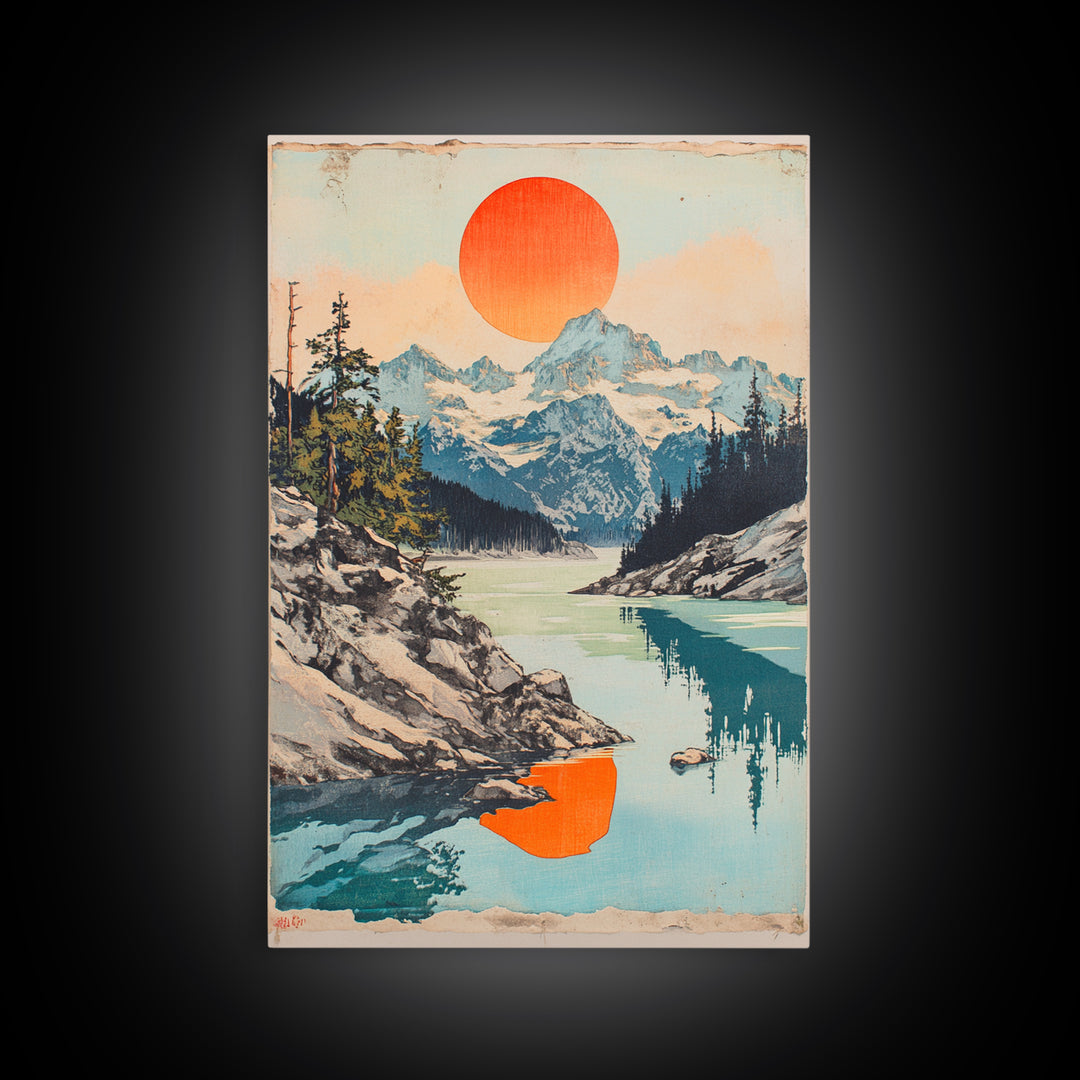 Alpine Lake And Snowy Mountains Wall Art, Orange Sun Landscape Print, Scandinavian Nature Decor, Large Canvas Print For Living Room