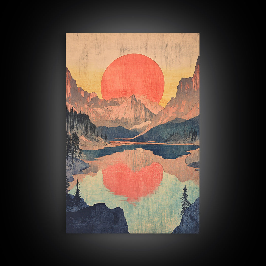 Red Sun Mountain Lake Wall Art, Japanese Landscape Print, Retro Nature Poster, Scenic Living Room Decor, Large Canvas Art