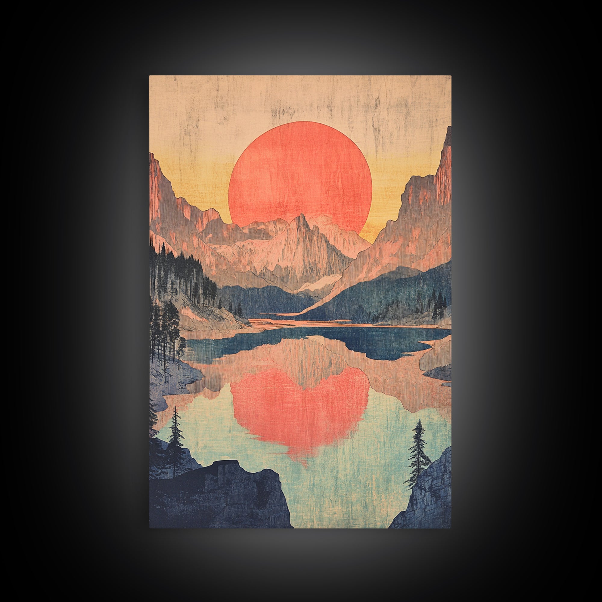 Red Sun Mountain Lake Wall Art, Japanese Landscape Print, Retro Nature Poster, Scenic Living Room Decor, Large Canvas Art