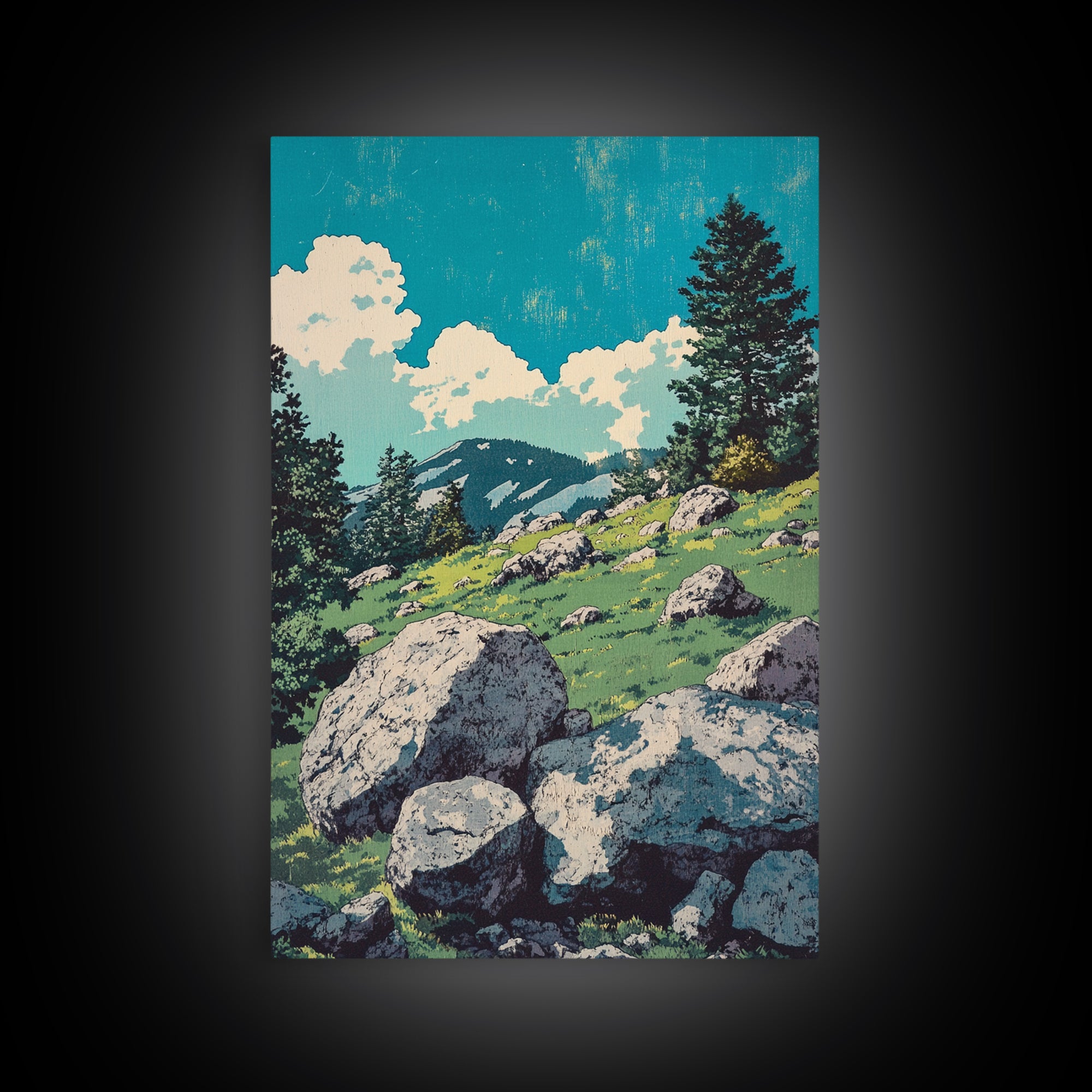 Alpine Meadow Boulder Wall Art, Mountain Landscape Print, Rustic Cabin Decor, Nature Poster, Large Canvas Art For Living Room