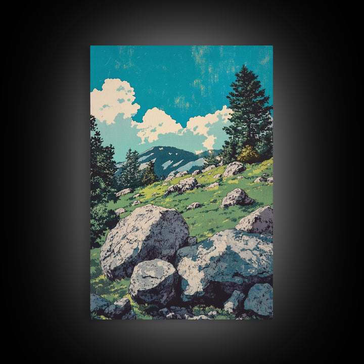 Alpine Meadow Boulder Wall Art, Mountain Landscape Print, Rustic Cabin Decor, Nature Poster, Large Canvas Art For Living Room