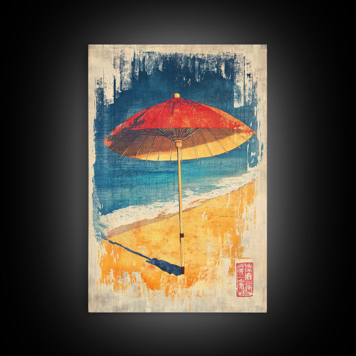 Red Beach Umbrella Canvas Print, Coastal Wall Art, Summer Beach House Decor, Tropical Ocean Poster, Bright Bathroom Wall Decor