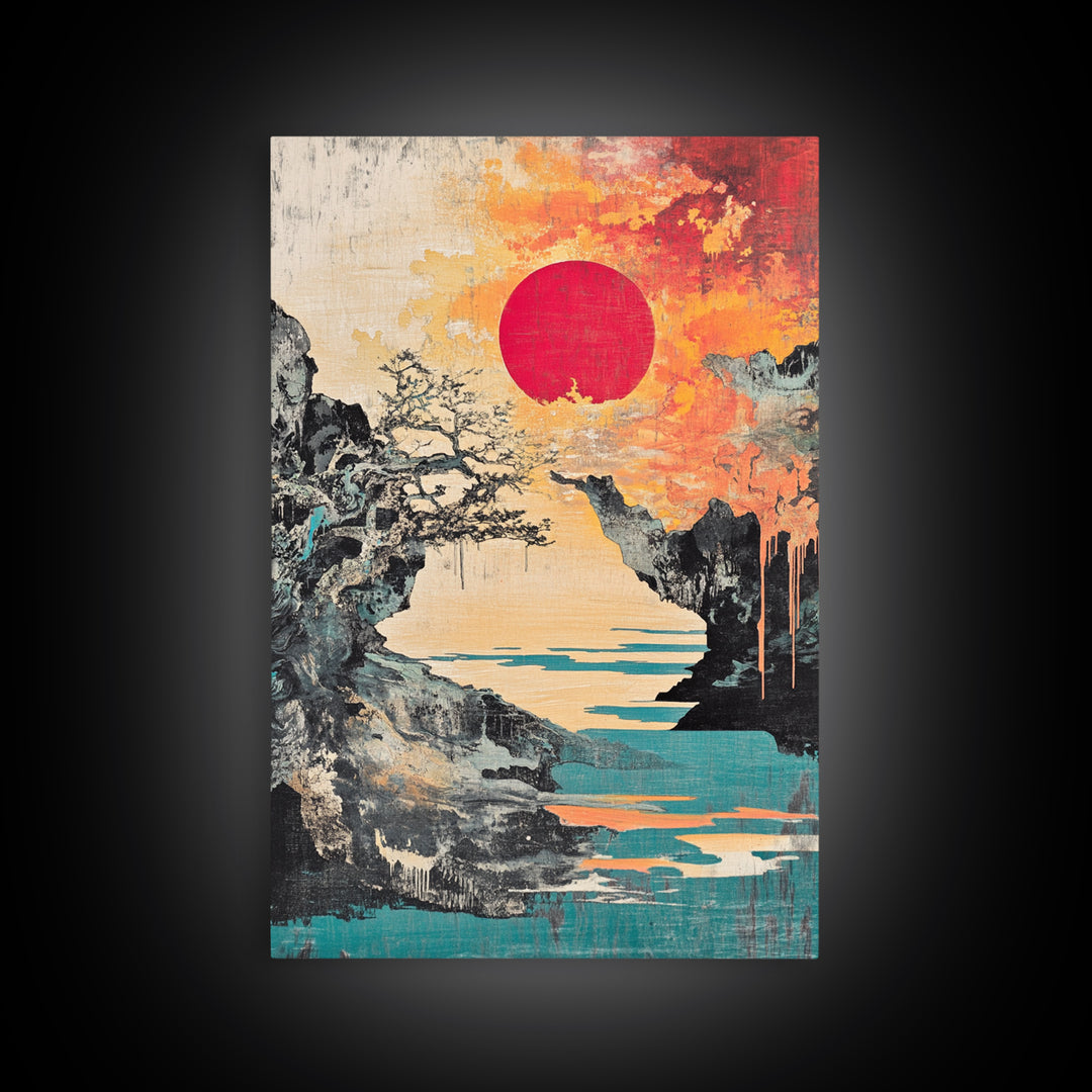 Dramatic Rocky Cove Sunset Red Sun Canvas Print, Japanese Mountain Landscape Art, Coastal Wall Decor, Modern Japandi Living Room Art