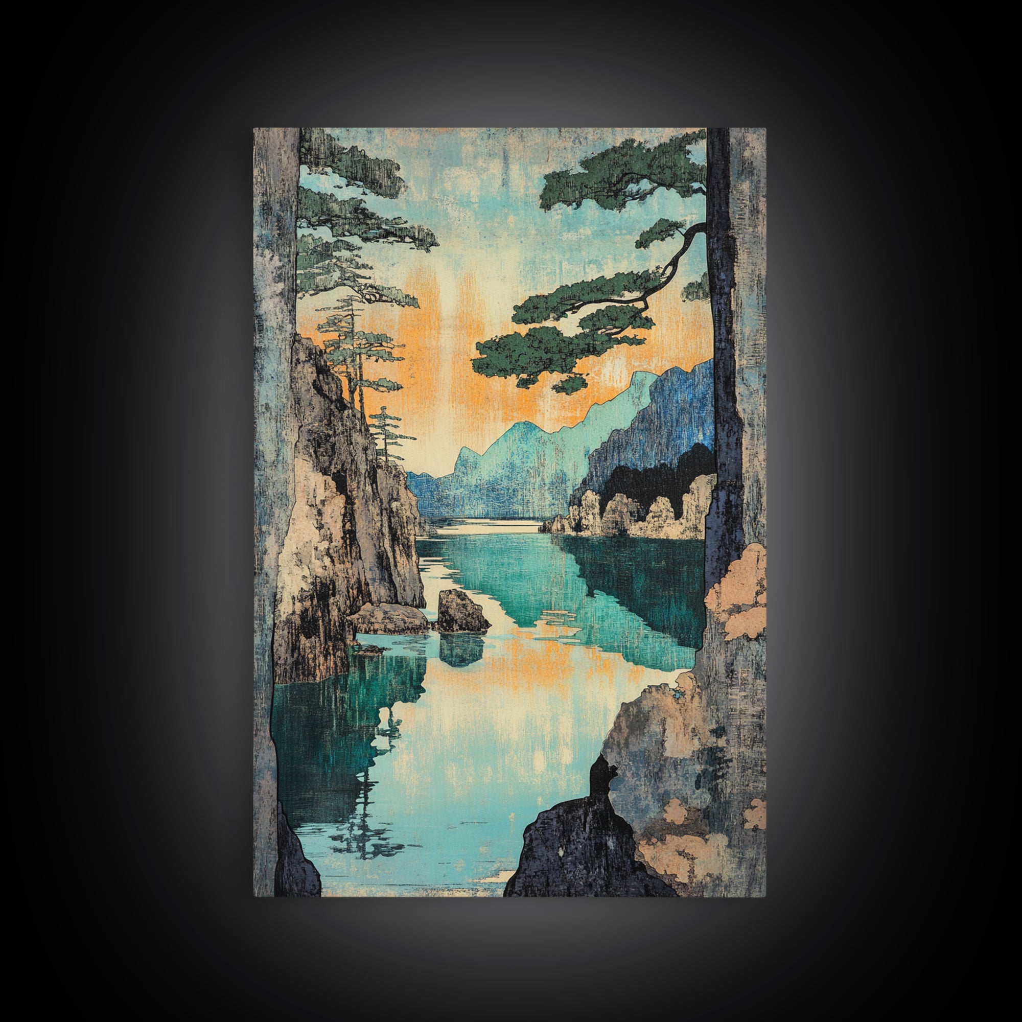 Turquoise Mountain Lake And Pine Cliffs Wall Art, Japanese Landscape Print, Serene Nature Decor, Japandi Calming Bedroom Art