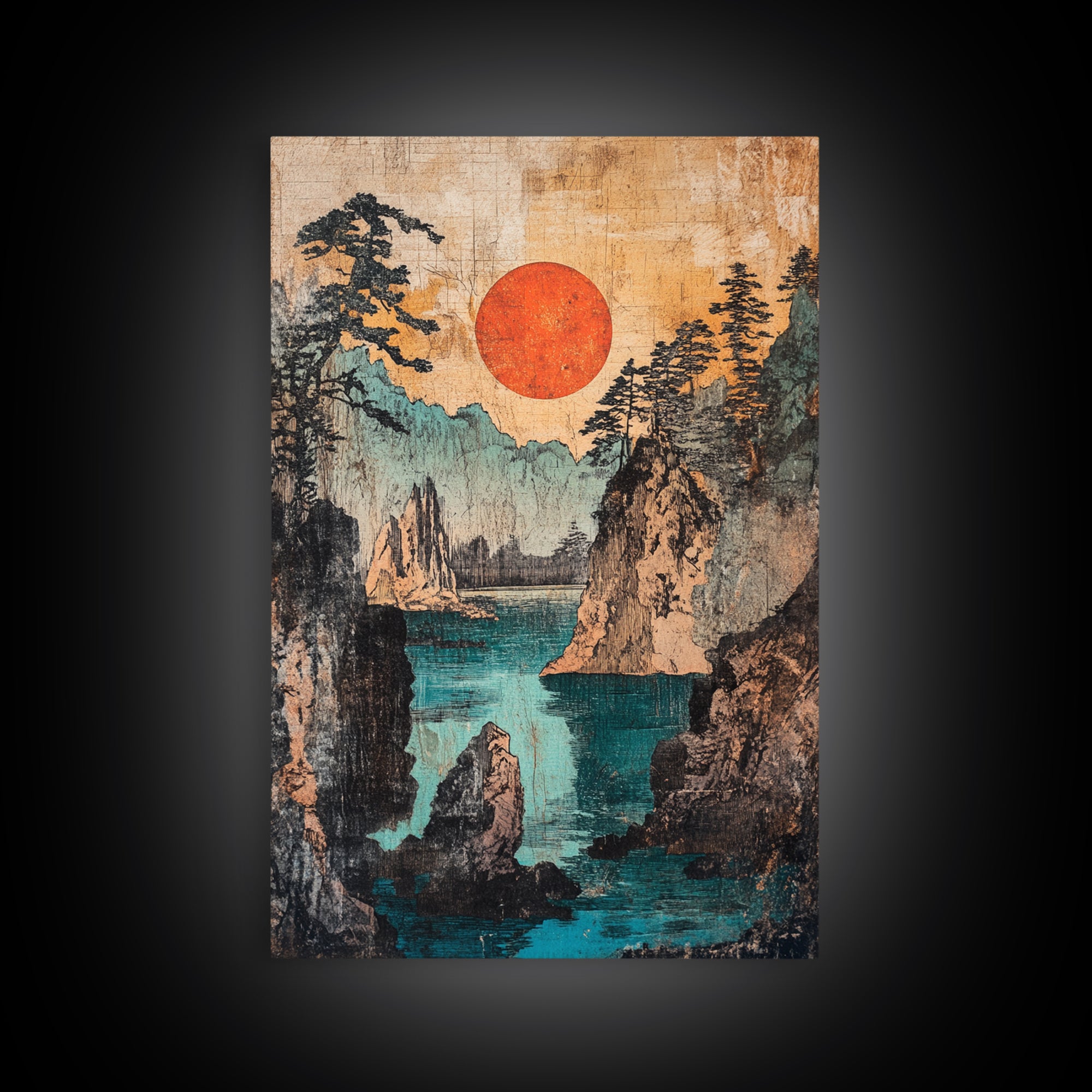 Red Sun Over Rugged Mountain Cove Framed Canvas Print, Japanese Landscape Art, Coastal Wall Decor, Large Living Room Art