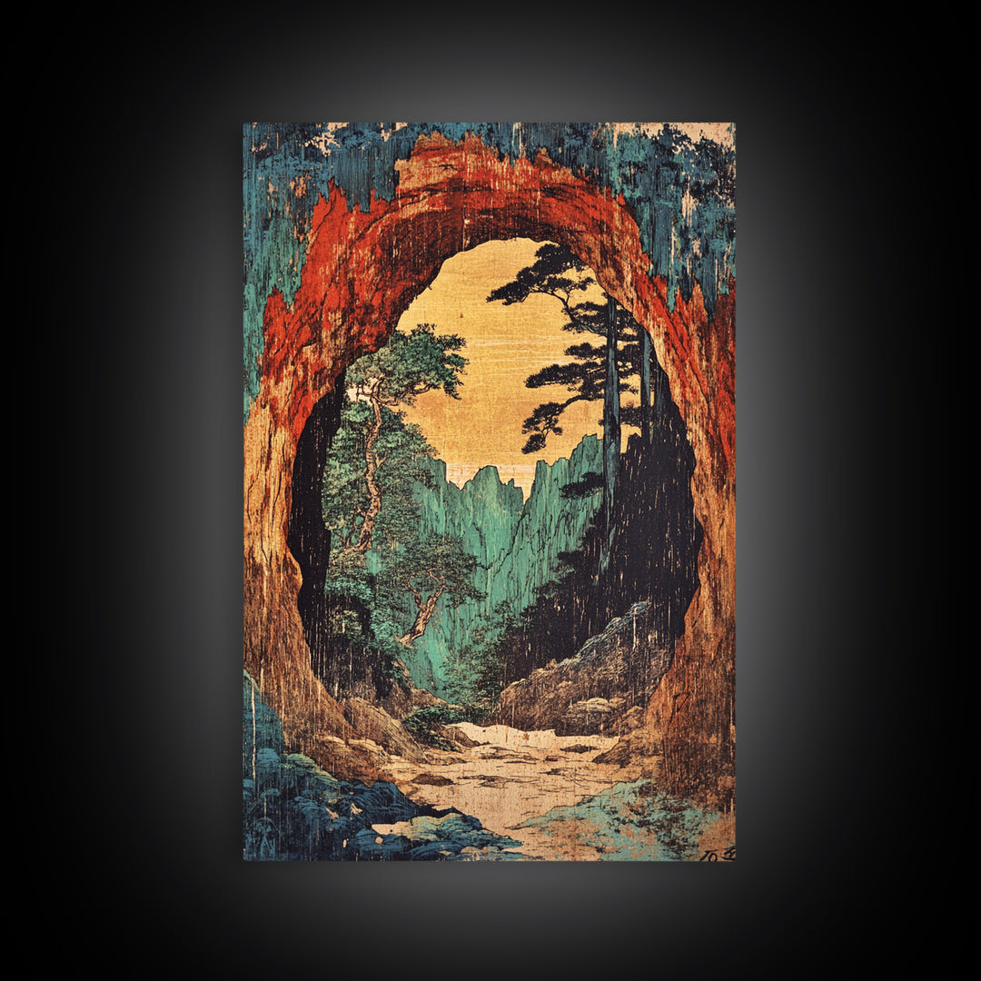 Cave Arch Forest Path And Mountain View Wall Art, Japanese Woodblock Style Print, Rustic Japandi Decor, Statement Artwork