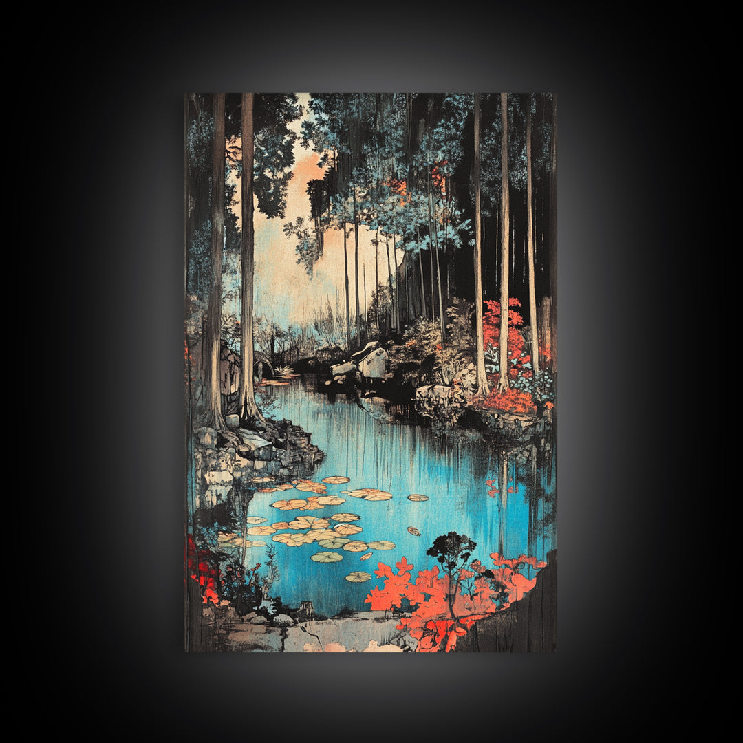 Forest Pond With Lily Pads And Red Foliage Canvas Print, Japanese Nature Wall Art, Moody Woodland Wall Decor For Bedroom