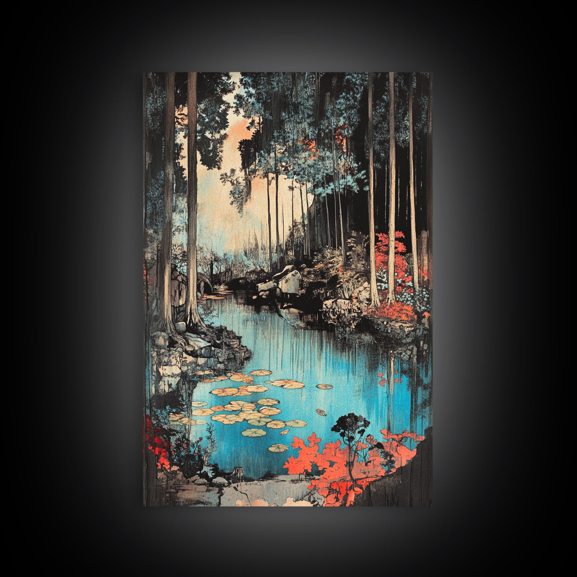 Forest Pond With Lily Pads And Red Foliage Canvas Print, Japanese Nature Wall Art, Moody Woodland Wall Decor For Bedroom