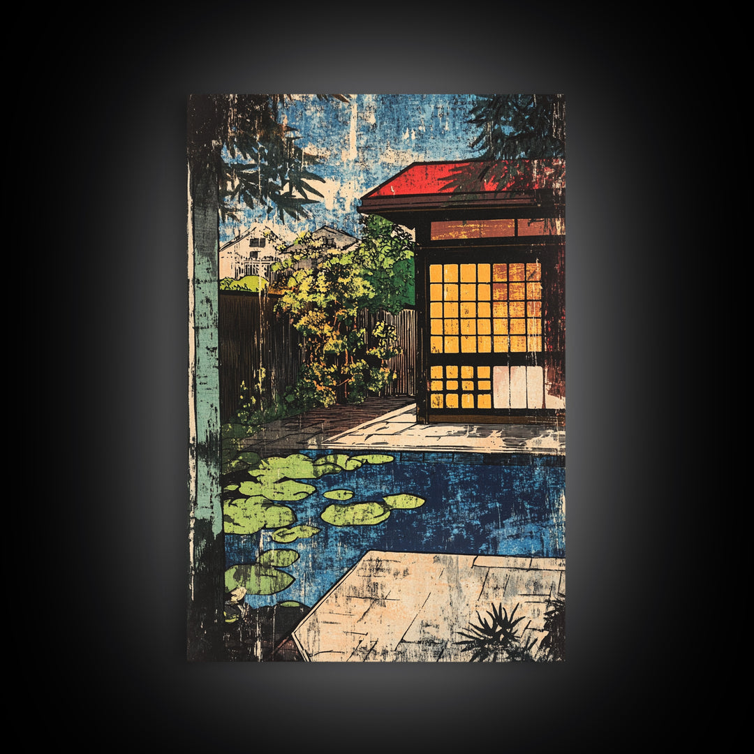 Japanese Tea House By Koi Pond And Glowing Garden Wall Art, Japandi Canvas Print, Zen Home Decor, Serene Living Room Decor
