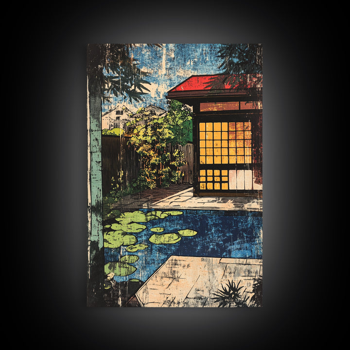 Japanese Tea House By Koi Pond And Glowing Garden Wall Art, Japandi Canvas Print, Zen Home Decor, Serene Living Room Decor