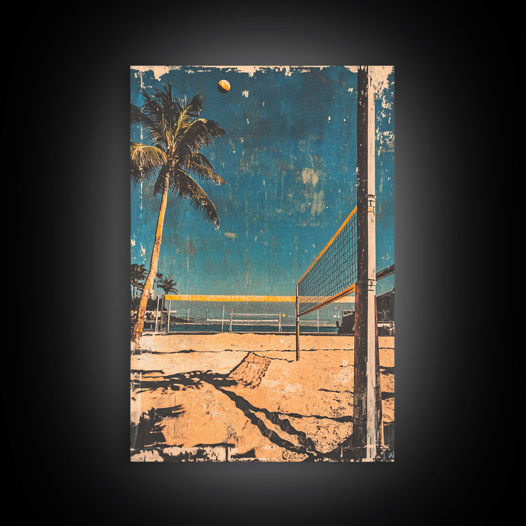 Beach Volleyball Court With Palm Tree And Ocean Wall Art, Tropical Coastal Canvas Print, Summer Decor For Modern Beach House