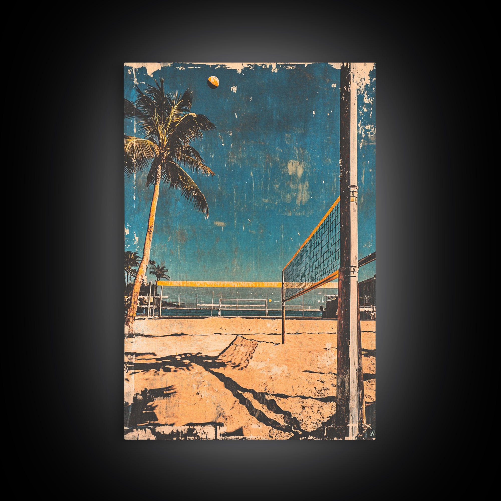 Beach Volleyball Court With Palm Tree And Ocean Wall Art, Tropical Coastal Canvas Print, Summer Decor For Modern Beach House