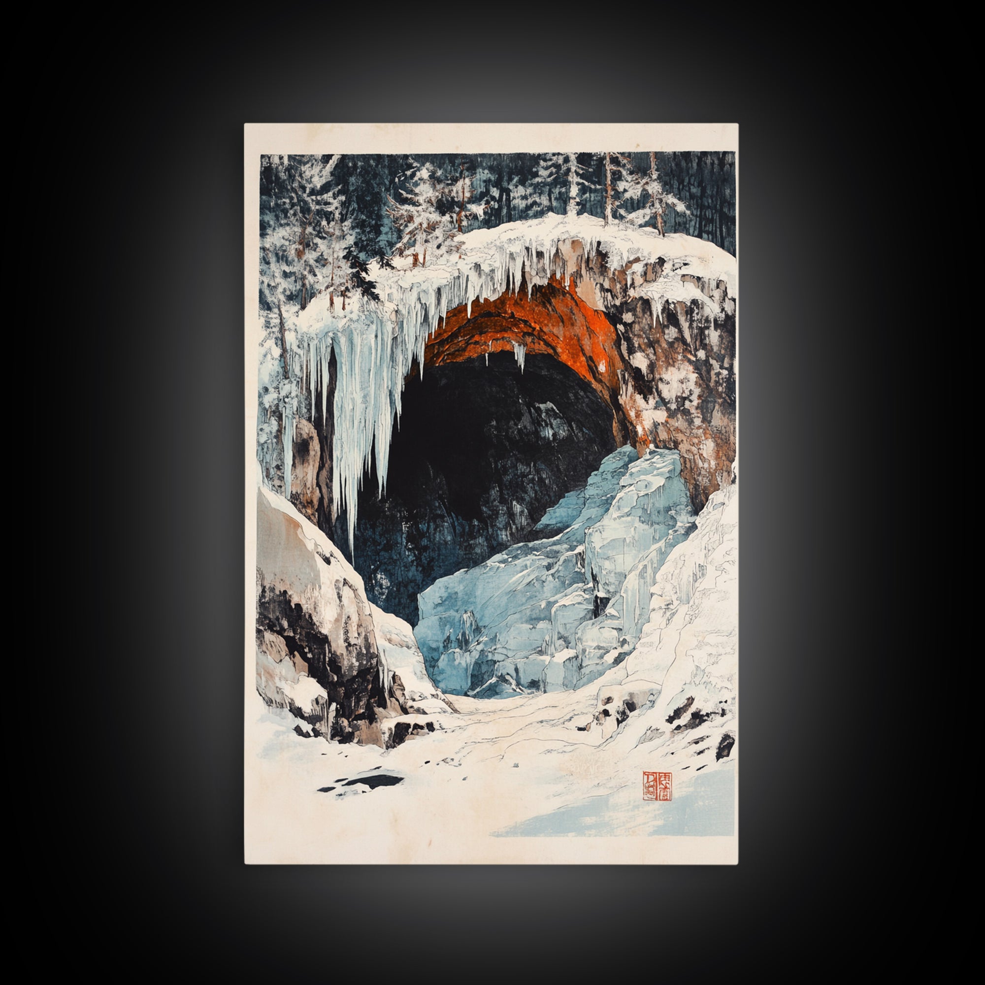 Snowy Ice Cave Winter Landscape Canvas Print, Mountain Wall Art, Rustic Cabin Decor, Nature Print, Housewarming Gift, Living Room Decor