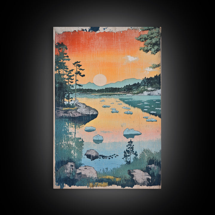 Orange Sunset Lake Landscape Canvas Print, Mountain Wall Art, Japandi Nature Print, Cabin Decor, Living Room Wall Art, Housewarming Gift