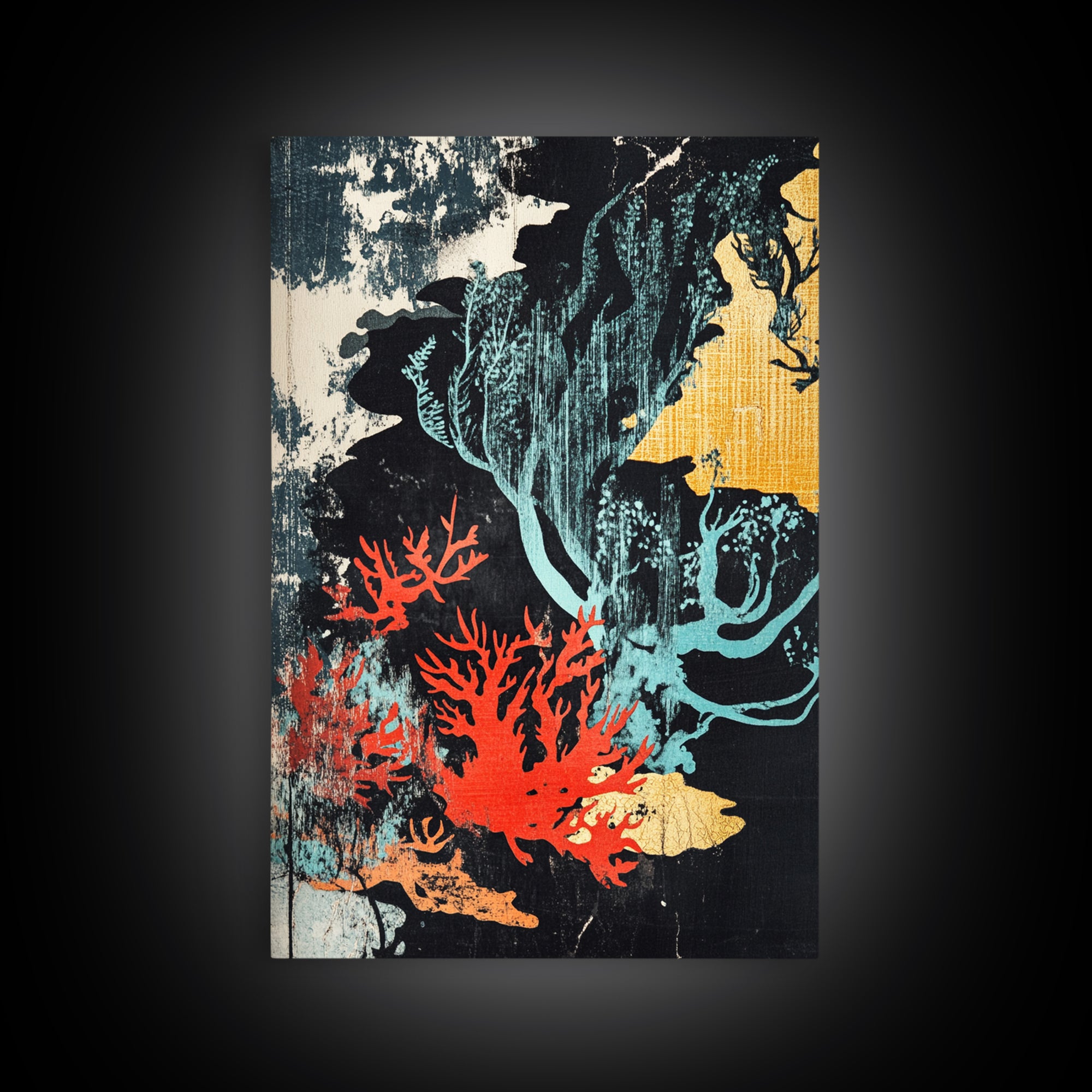 Red Coral And Teal Seaweed Wall Art, Japanese Ocean Canvas Print, Coastal Bathroom Decor, Abstract Marine Life Art Print