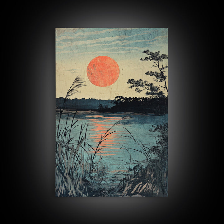 Quiet Lake Sunset With Reeds Wall Art, Japanese Landscape Canvas Print, Tranquil Coastal Decor, Serene Nature Fine Art Print
