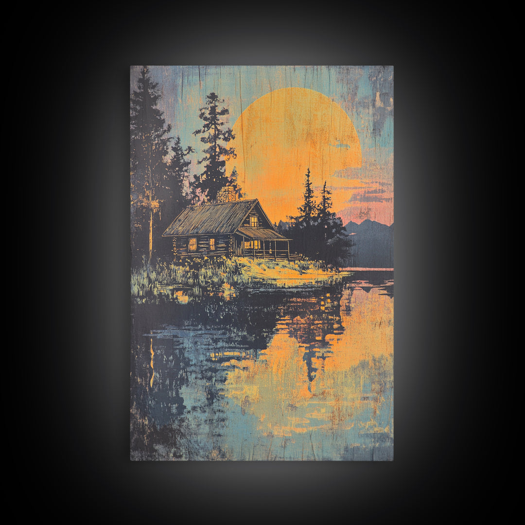 Moonlit Cabin Lake Wall Art, Forest Reflection Canvas Print, Rustic Landscape Poster, Cozy Lodge Living Room Decor, Home Decor