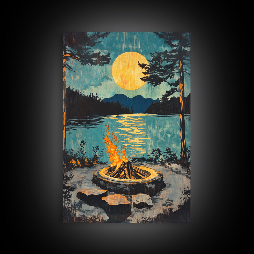 Campfire Moon Lake Canvas Print, Rustic Cabin Wall Art, Forest Landscape Poster, Cozy Camping Decor Gift For Him, Man Cave Decor