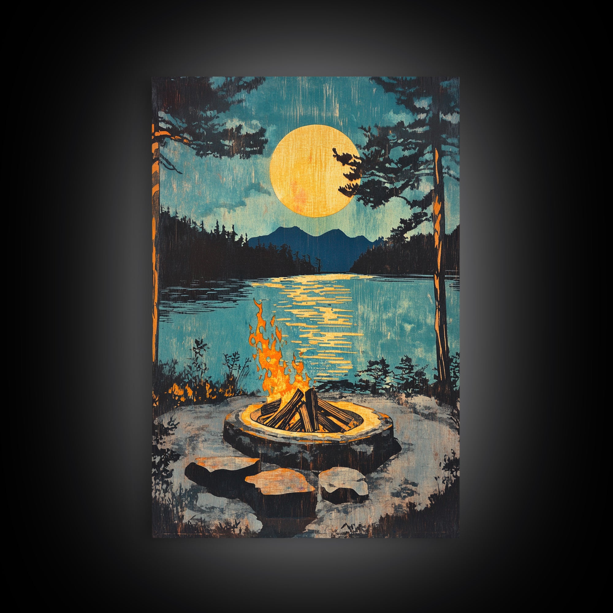 Campfire Moon Lake Canvas Print, Rustic Cabin Wall Art, Forest Landscape Poster, Cozy Camping Decor Gift For Him, Man Cave Decor