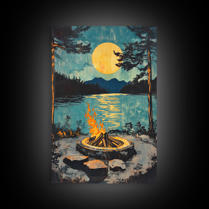 Campfire Moon Lake Canvas Print, Rustic Cabin Wall Art, Forest Landscape Poster, Cozy Camping Decor Gift For Him, Man Cave Decor