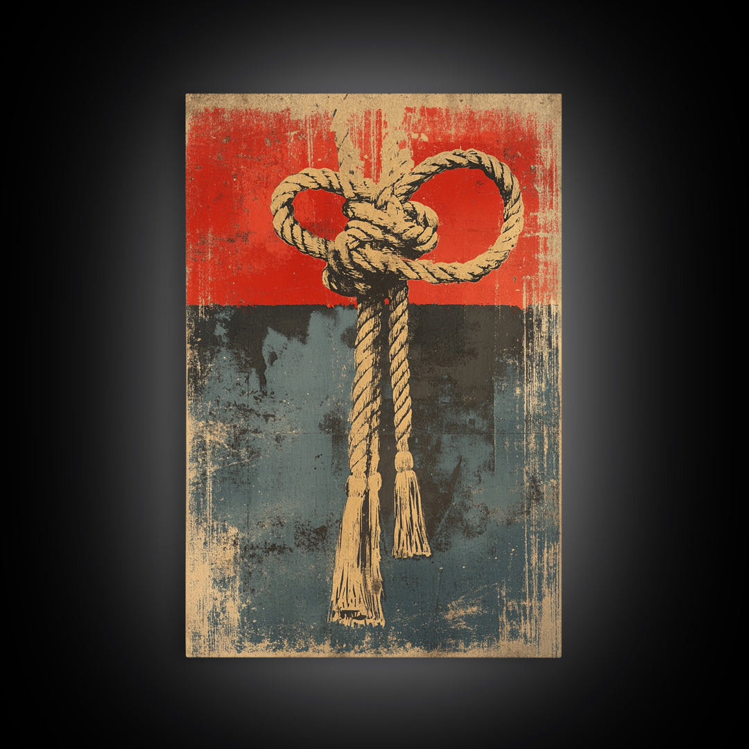 Nautical Rope Knot Canvas Print, Rustic Red And Blue Coastal Wall Decor, Maritime Art Print For Beach House And Man Cave