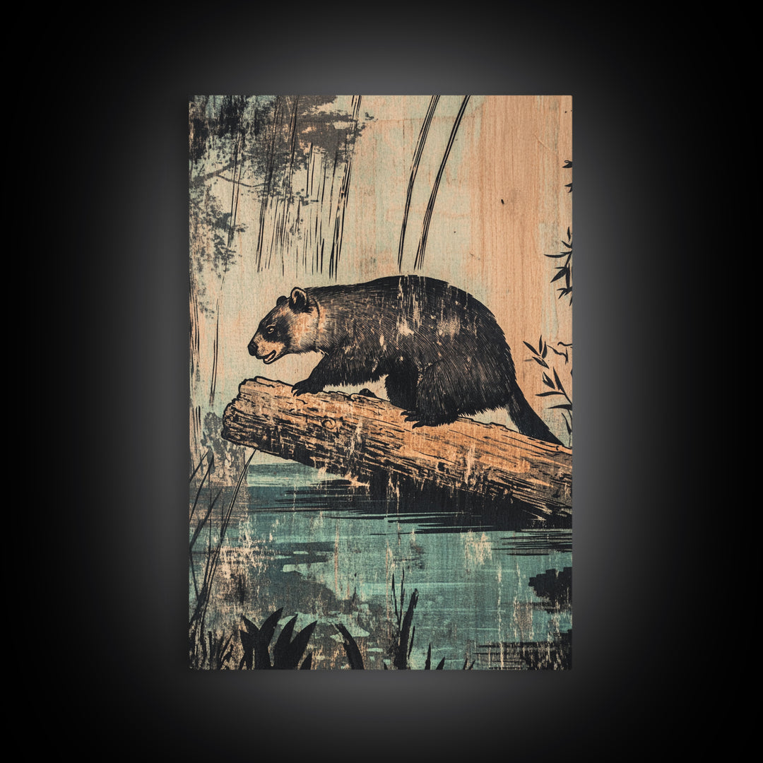 Black Bear On Log Wall Art, Rustic Wildlife Painting Style, Woodland Animal Decor, Cabin Nature Art Print For Living Room