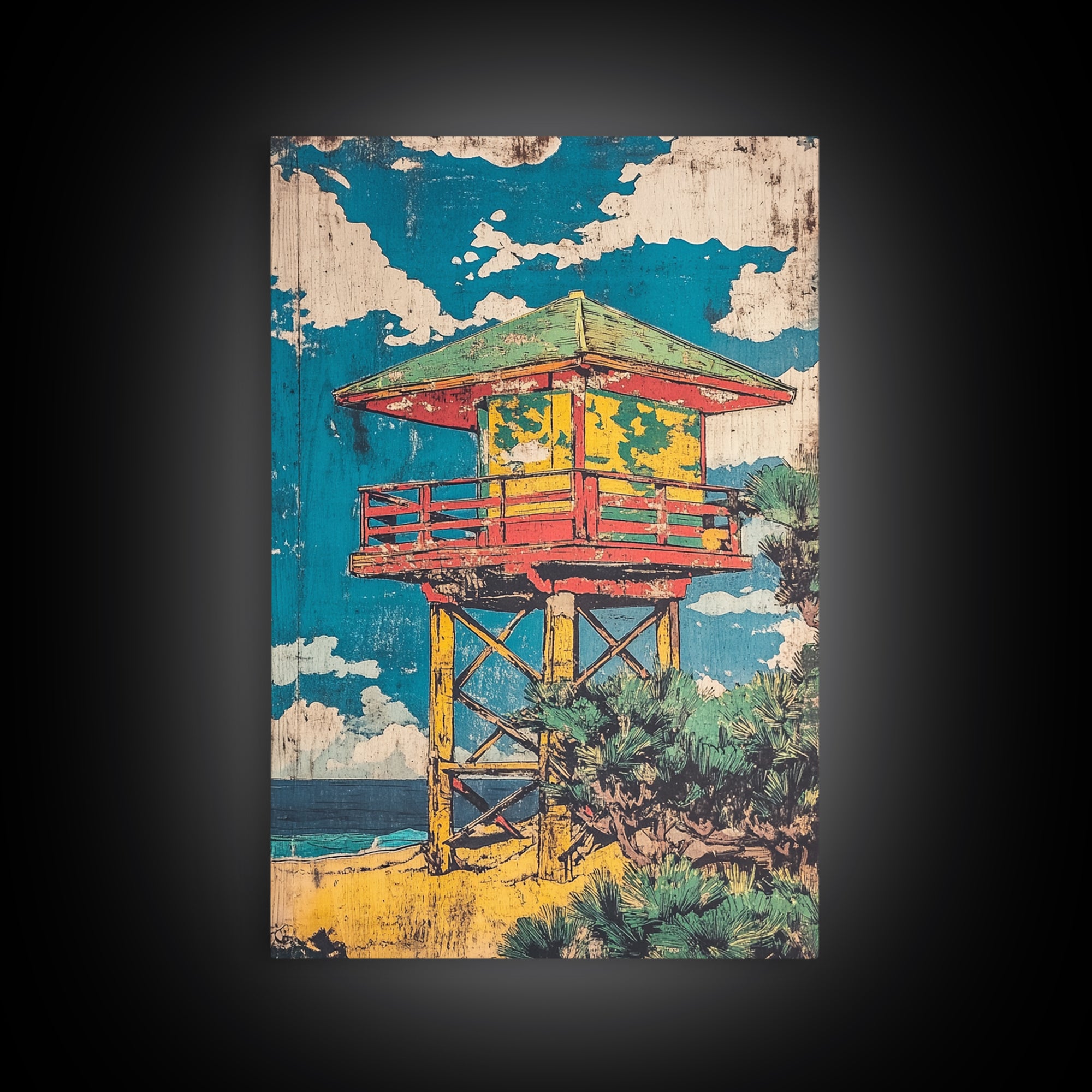 Colorful Beach Lifeguard Tower Wall Art, Retro Coastal Travel Poster, Tropical Ocean Decor, Summer Beach House Art Print