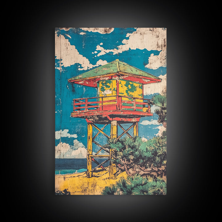Colorful Beach Lifeguard Tower Wall Art, Retro Coastal Travel Poster, Tropical Ocean Decor, Summer Beach House Art Print