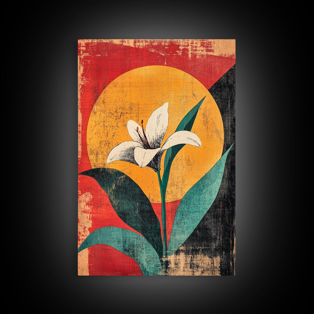 White Lily Flower Canvas Print, Bold Red Yellow Botanical Wall Decor, Mid Century Floral Art Print For Modern Living Room