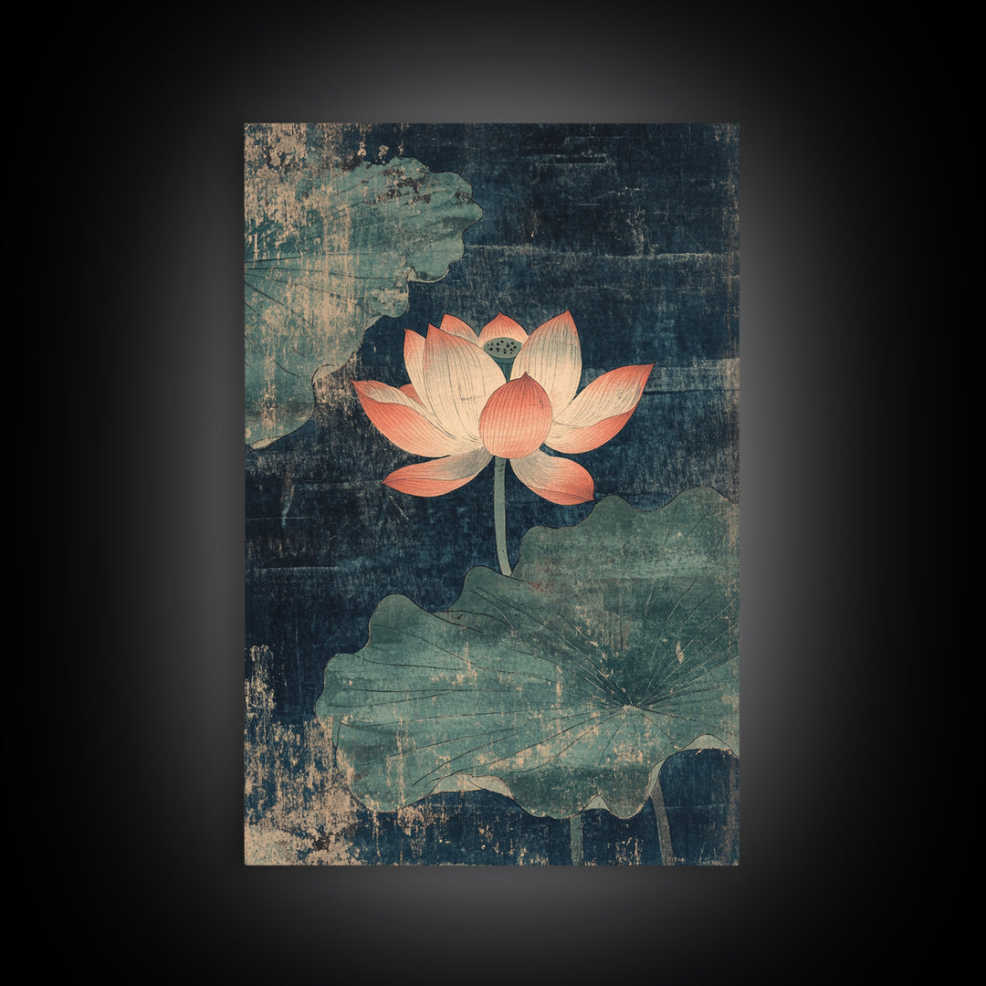 Pink Lotus Pond Wall Art, Dark Teal Botanical Canvas Print, Zen Water Lily Decor, Asian Inspired Spa And Meditation Room