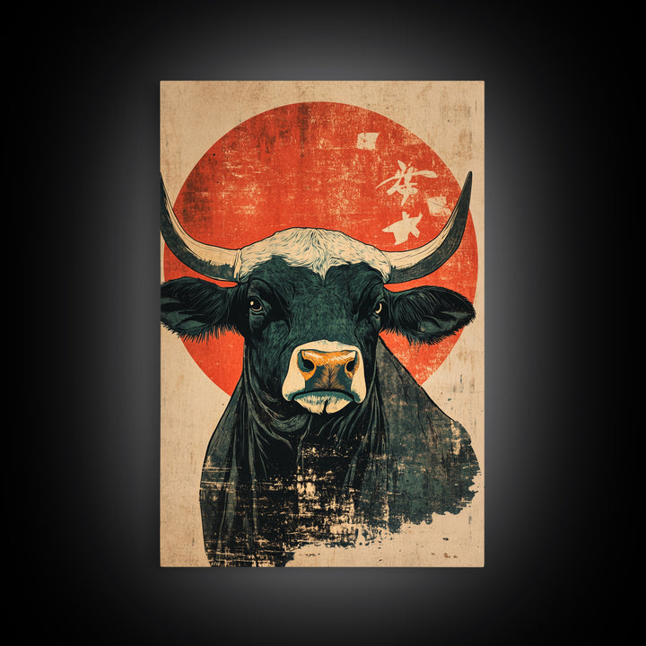Black Bull Red Sun Canvas Print, Rustic Farm Animal Wall Art, Western Japandi Decor, Bold Kitchen Art, Housewarming Gift