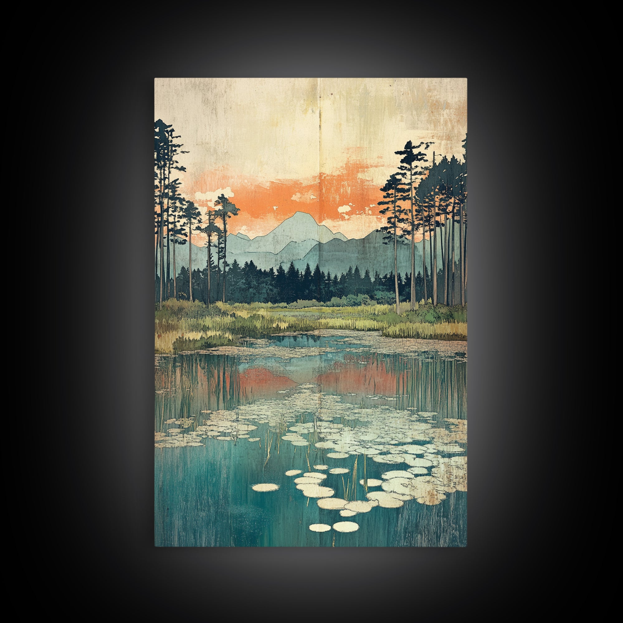 Mountain Lake Lily Pads Framed Canvas Print, Serene Landscape Wall Art, Japandi Nature Decor, Living Room Home Decor, Office Wall Art