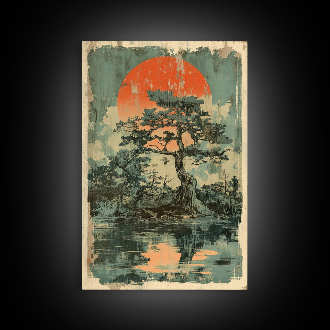 Pine Tree Island Red Sun Wall Art, Moody Japanese Landscape Print, Japandi Lake Decor, Serene Nature Framed Canvas Print