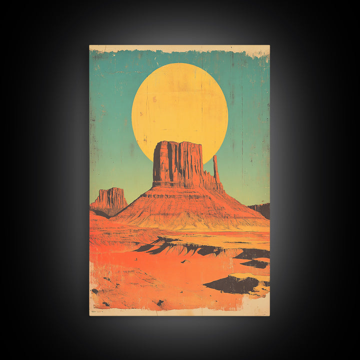 Desert Mesa With Golden Sun Canvas Print, Southwestern Wall Art, Retro Western Landscape Poster, Boho Earth Tone Decor Gift