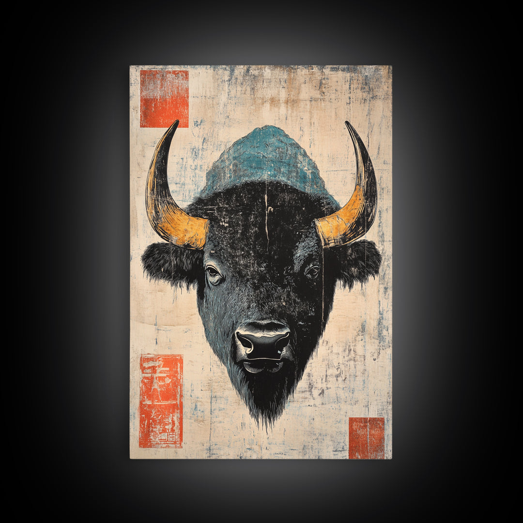 Black Bison Portrait Wall Art, Rustic Wildlife Art Print, Western Animal Wall Decor, Lodge Cabin Canvas Print Gift For Him
