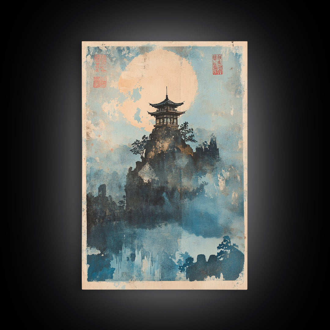 Misty Pagoda Moon Wall Art, Japanese Landscape Art Print, Zen Asian Wall Decor, Meditation Room Framed Canvas Print Gift