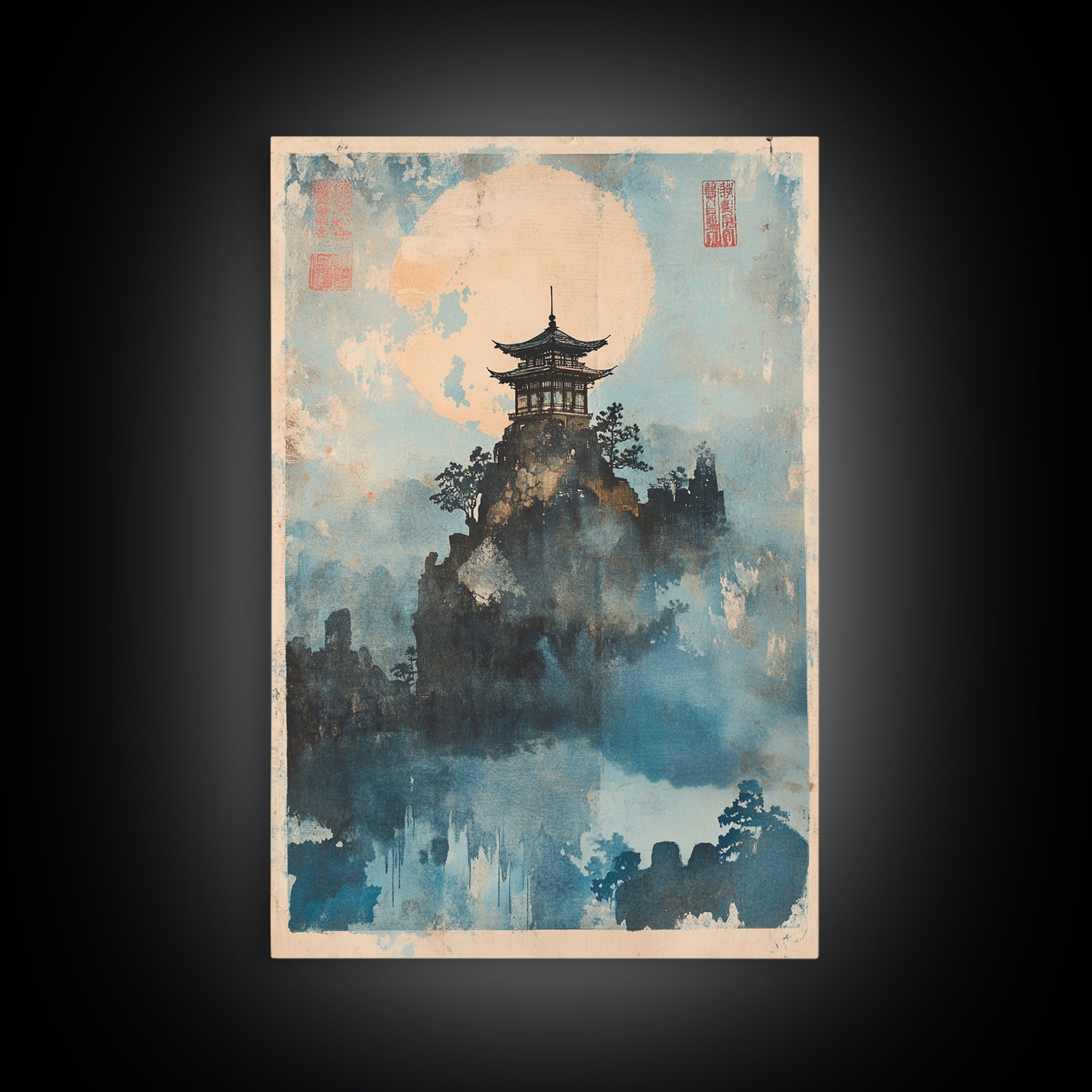Misty Pagoda Moon Wall Art, Japanese Landscape Art Print, Zen Asian Wall Decor, Meditation Room Framed Canvas Print Gift