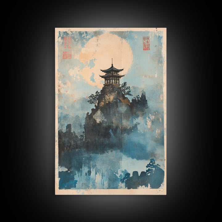 Misty Pagoda Moon Wall Art, Japanese Landscape Art Print, Zen Asian Wall Decor, Meditation Room Framed Canvas Print Gift