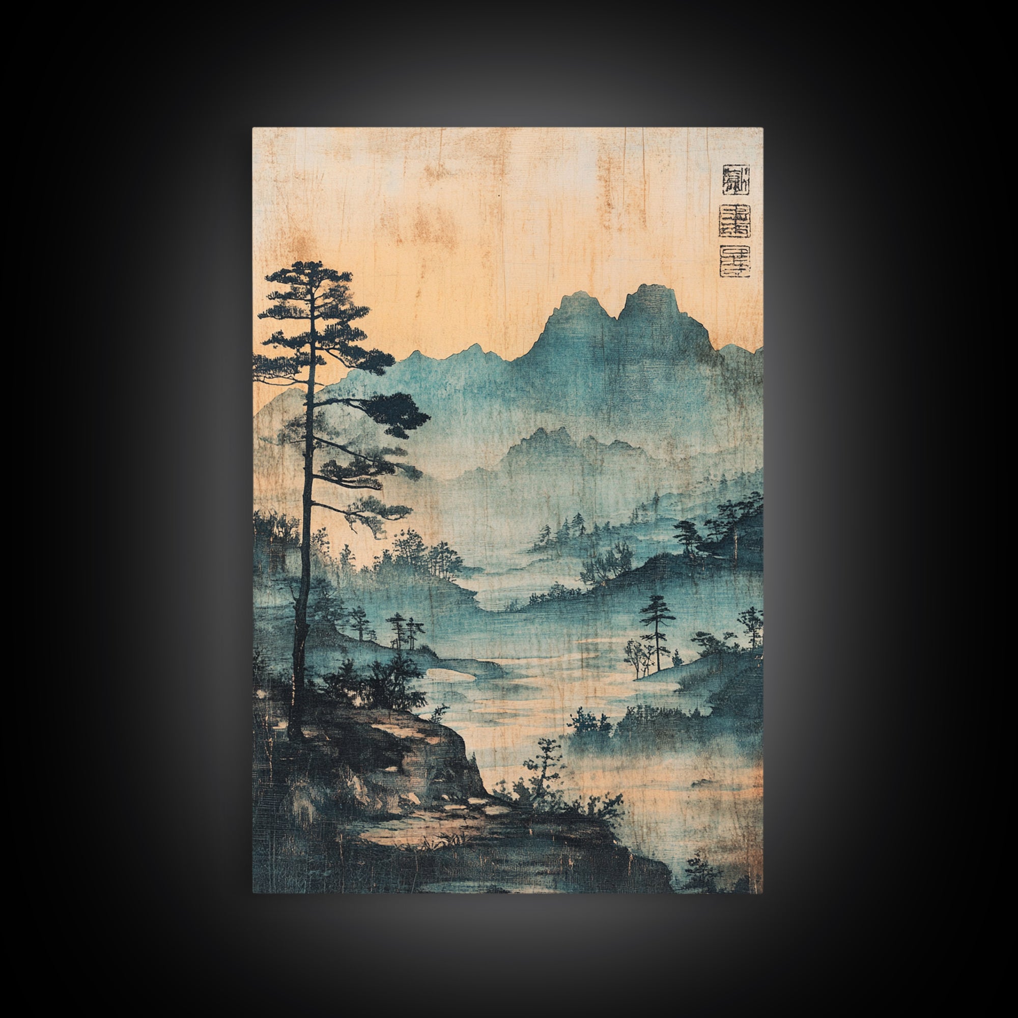 Blue Mist Mountain Landscape Wall Art, Japanese Ink Painting Print, Zen Nature Wall Decor, Japandi Living Room Decor Gift