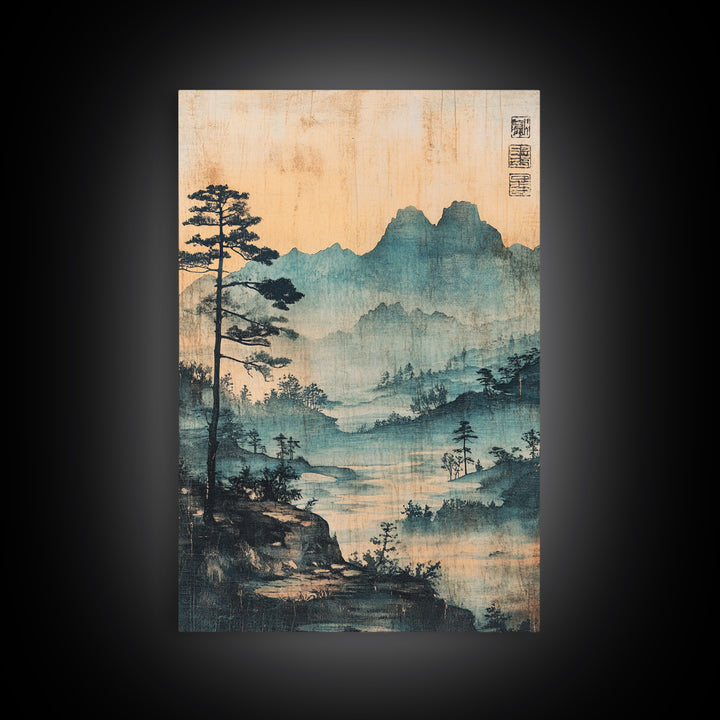 Blue Mist Mountain Landscape Wall Art, Japanese Ink Painting Print, Zen Nature Wall Decor, Japandi Living Room Decor Gift