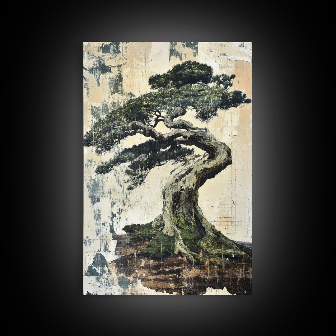 Twisted Windswept Bonsai Tree Wall Art, Japandi Nature Print, Zen Home Decor, Botanical Wall Decor, Framed Canvas Print, Office Decor