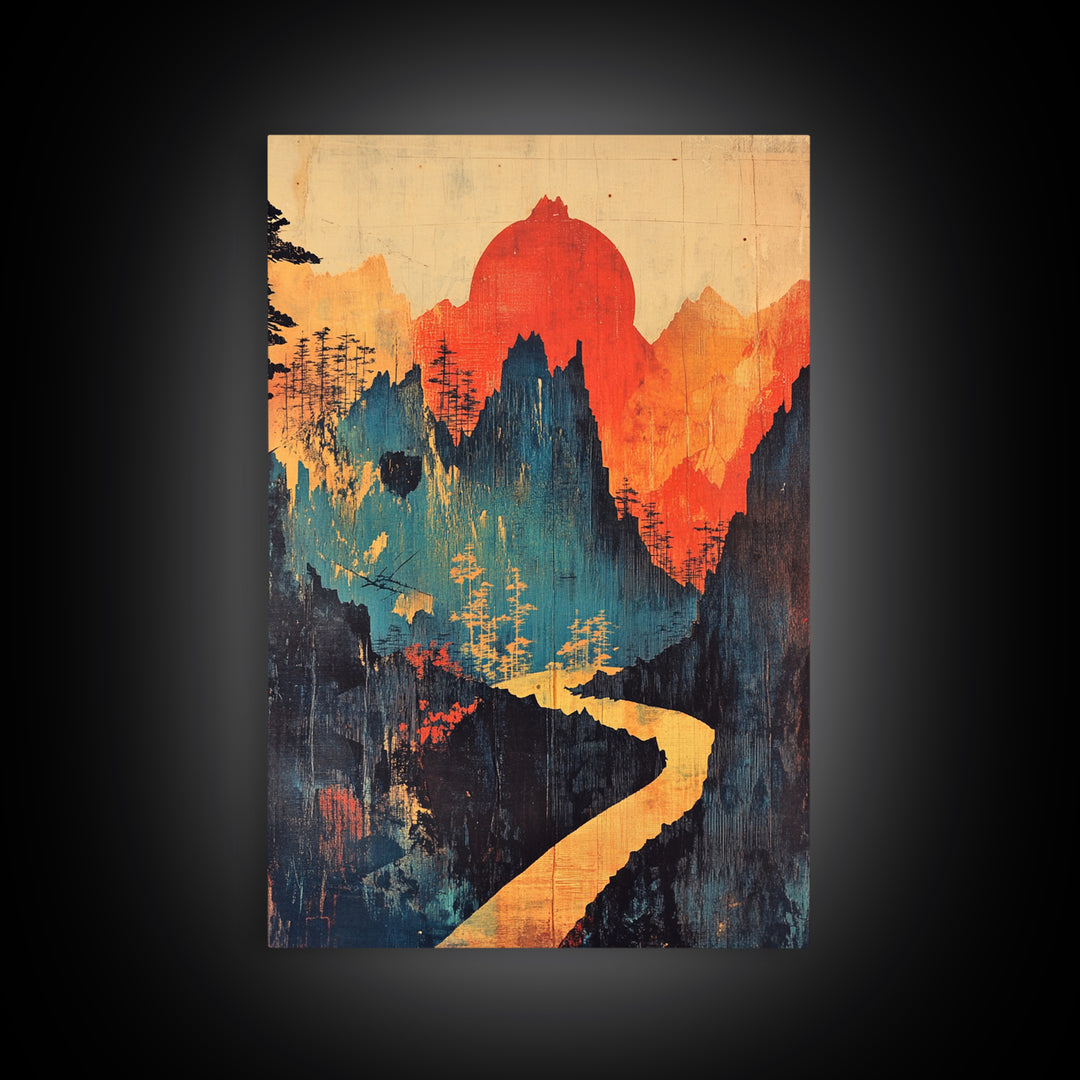 Red Sun Mountain River Wall Art, Abstract Landscape Print, Japandi Wall Decor, Organic Modern Art, Large Canvas Print, Statement Artwork
