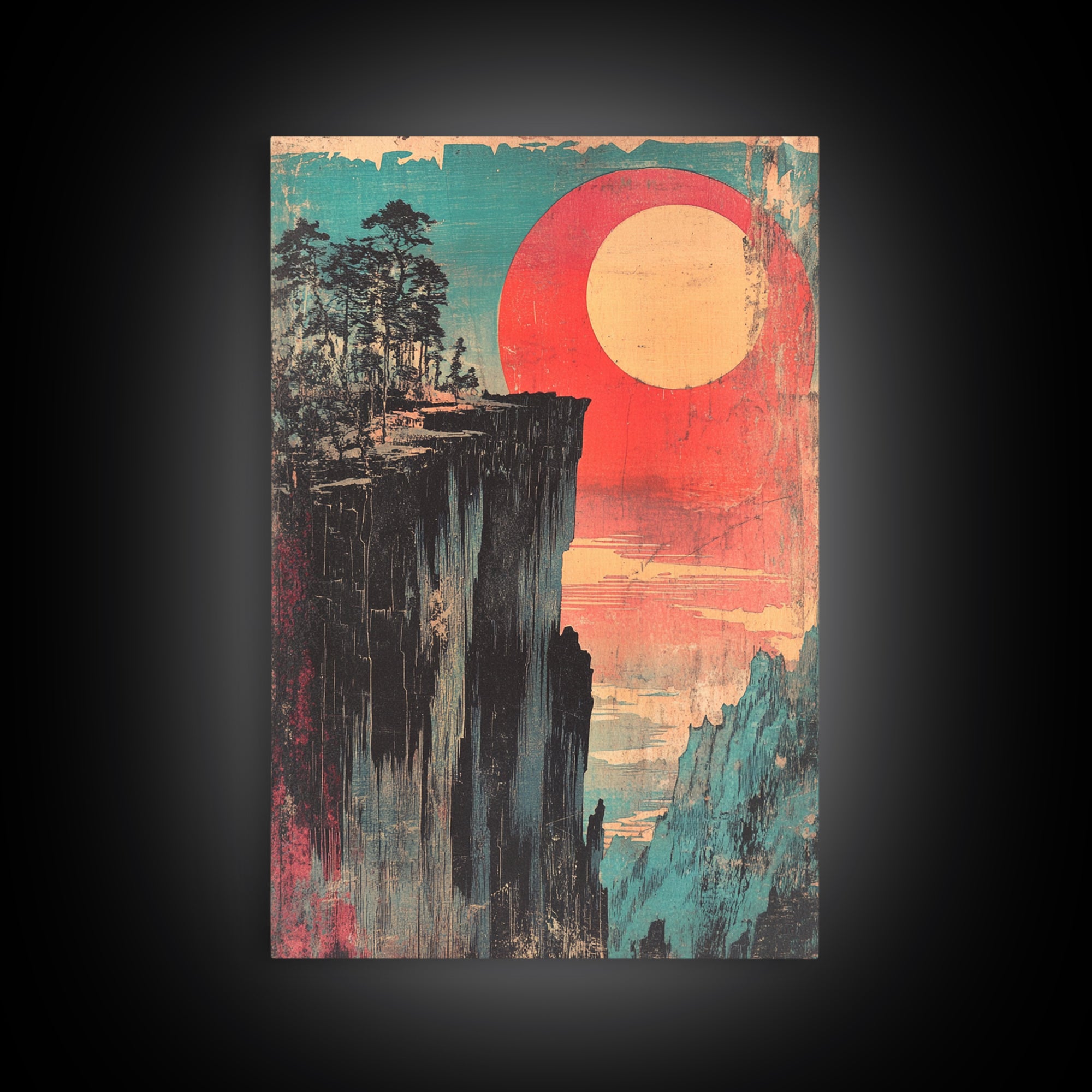 Cliffside Forest With Red Sun Wall Art, Retro Japanese Print, Japandi Decor, Bold Landscape, Framed Canvas Print, Large Wall Art