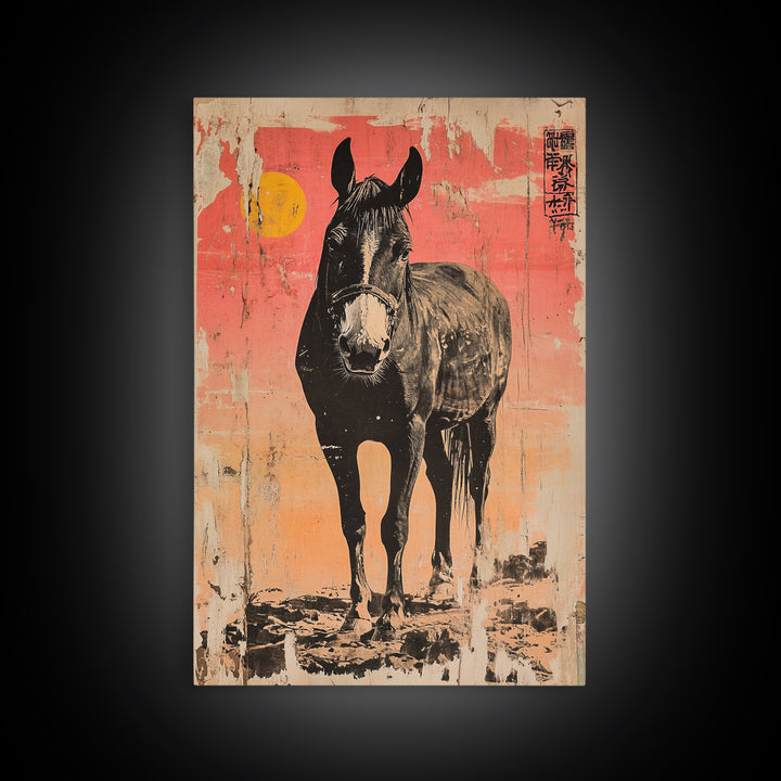 Black Horse Portrait At Sunset Framed Canvas Print, Equestrian Wall Art, Western Decor, Horse Lover Gift, Rustic Home Decor