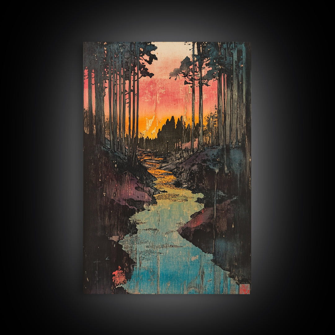 Sunset Forest River Canvas Print, Japanese Landscape Wall Art, Nature Wall Decor, Rustic Home Decor, Calming Living Room Art