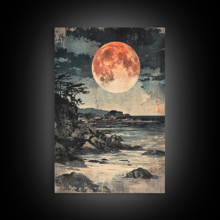 Full Moon Rocky Coast Canvas Print, Japanese Seascape Wall Art, Moody Wall Decor, Coastal Wall Art, Dark Academia Decor