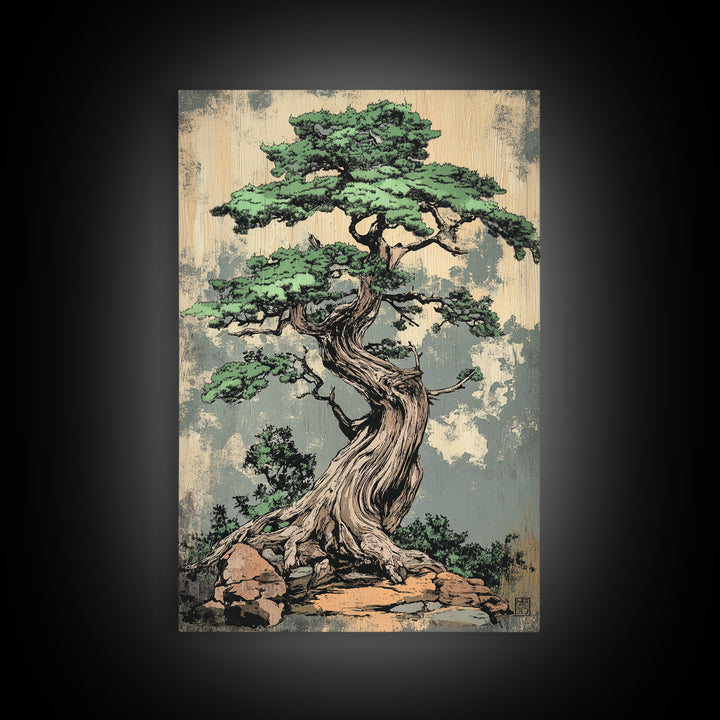 Twisted Bonsai Tree Wall Art, Japanese Zen Canvas Print, Nature Inspired Decor, Japandi Wall Decor, Calming Living Room Art
