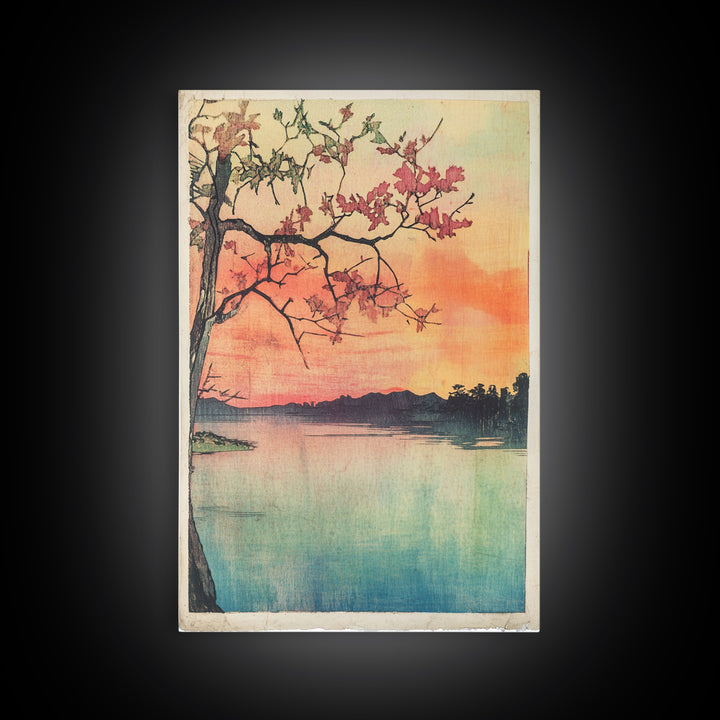 Cherry Blossom Lake Wall Art, Japanese Sunset Canvas Print, Serene Landscape Decor, Pink Floral Art, Bedroom Wall Decor Print